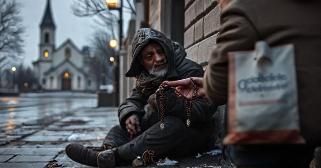 Scena przedstawiająca bezdomnego z różańcem i nowoczesnego wolontariusza Caritas Polska w kontekście braku duchowej opieki