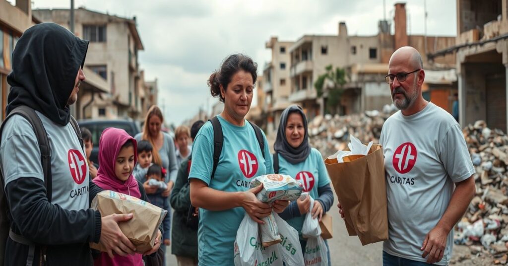 Grupa wolontariuszy z Caritas Polska rozdaje żywność i leki rodzinom cierpiącym na Bliskim Wschodzie. Scena jest pozbawiona symboli religijnych i kontekstu duchowego.