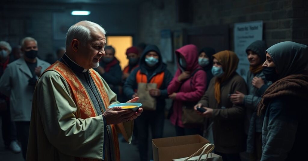 Scena w ośrodku Caritas Polska, gdzie ksiądz w modernistycznym stroju rozdaje pomoc materialną bezdomnym bez wskazówki duchowej