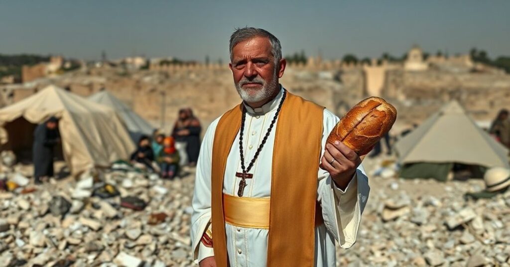 Katolicki książ w tradycyjnych szatach liturgicznych stojący w ruinach kościoła w Strefie Gazy. W jednej ręce trzyma różaniec, w drugiej chleb. Na tle rodziny palestyńskie uciekające przed wojną i obozami dla przesiedleńców.