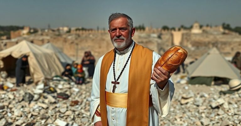 Katolicki książ w tradycyjnych szatach liturgicznych stojący w ruinach kościoła w Strefie Gazy. W jednej ręce trzyma różaniec, w drugiej chleb. Na tle rodziny palestyńskie uciekające przed wojną i obozami dla przesiedleńców.