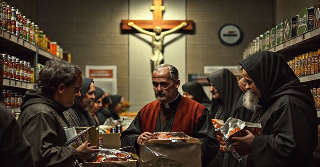 Grupa wolontariuszy ledowanych przez księdza Janusza Majdę rozdaje żywność w sklepie z logo Biedronki. Na tle widać krzyż i wyraz twarzy pełen moralnego zwątpienia.