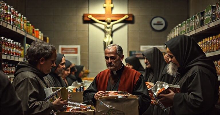 Grupa wolontariuszy ledowanych przez księdza Janusza Majdę rozdaje żywność w sklepie z logo Biedronki. Na tle widać krzyż i wyraz twarzy pełen moralnego zwątpienia.