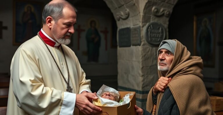 Stary kapłan w tradycyjnych szatach kościelnych stoi obok ubogiego mężczyzny otrzymującego pomoc materialną od Caritas Polska, symbolizując brak duchowego wsparcia w współczesnej charytatywnie