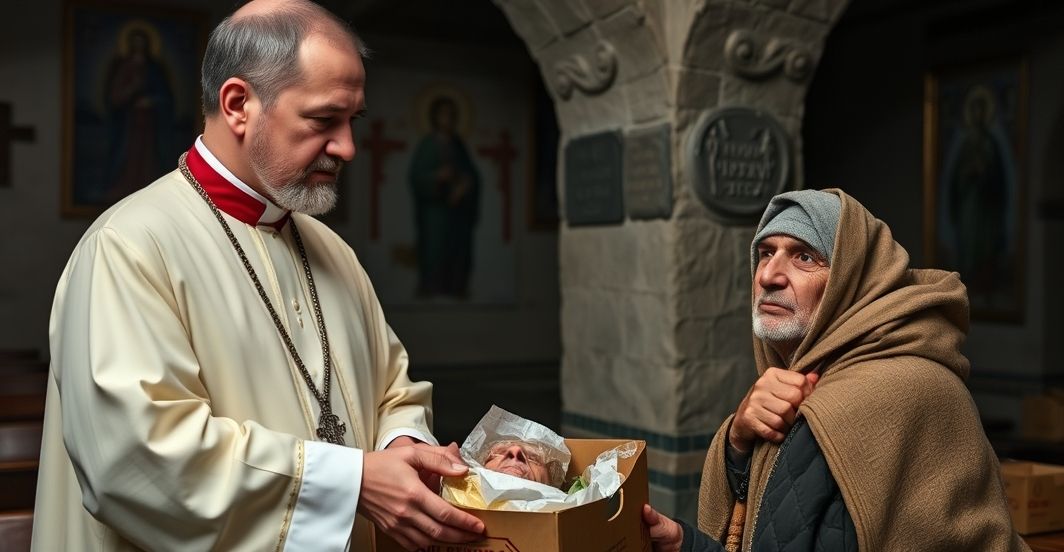 Stary kapłan w tradycyjnych szatach kościelnych stoi obok ubogiego mężczyzny otrzymującego pomoc materialną od Caritas Polska, symbolizując brak duchowego wsparcia w współczesnej charytatywnie