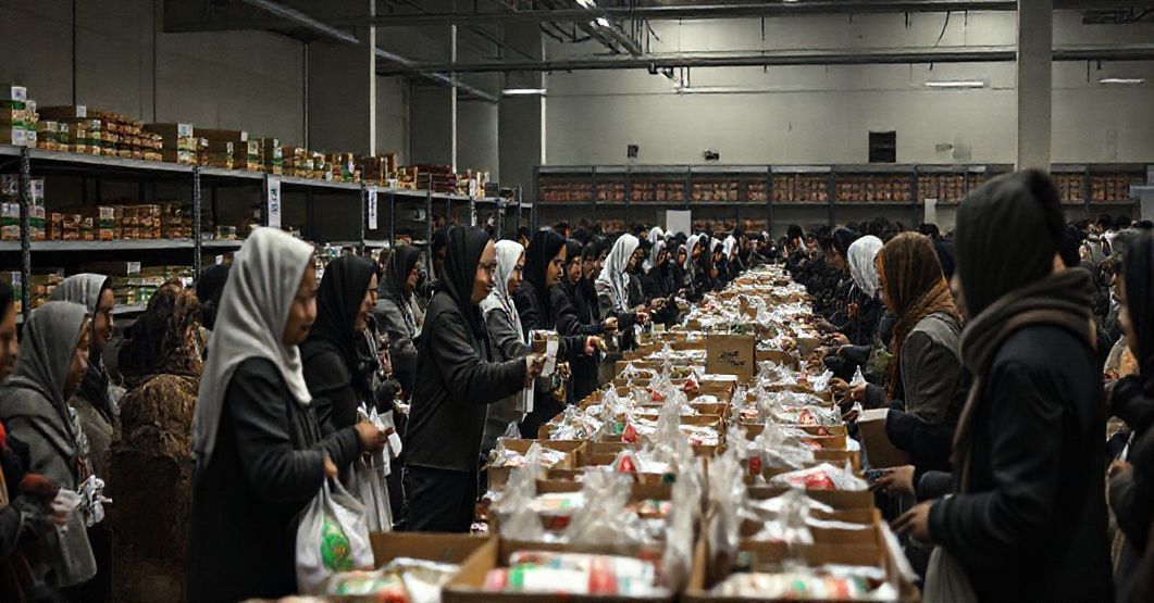 Pracownicy Caritas Polskiego rozdają posiłki w ośrodku dystrybucji bez widocznych religijnych symboli lub duchowej pomocy
