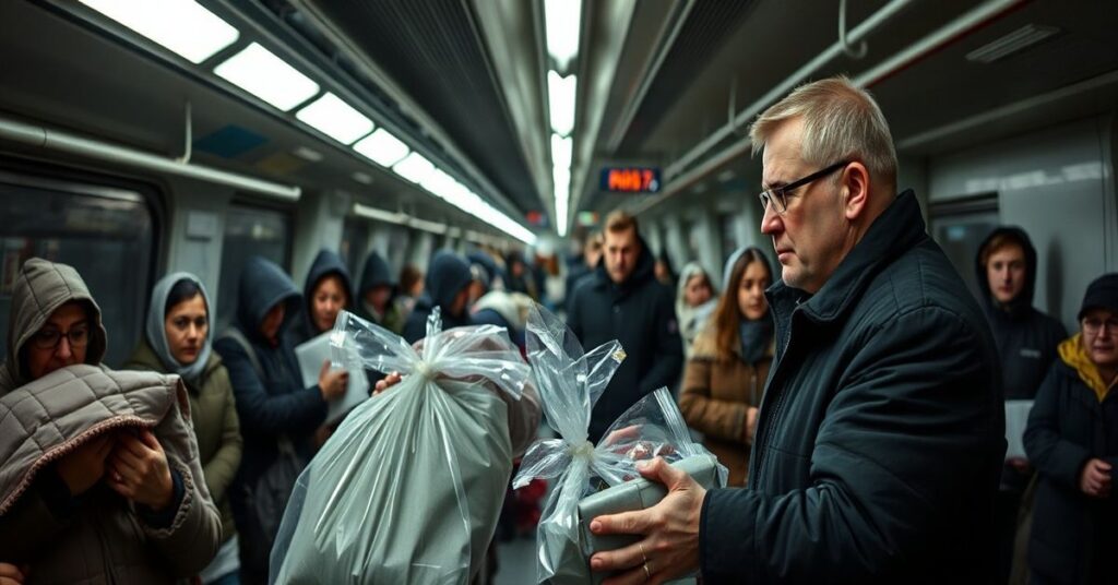 Melancholiczna scena w ukraińskim metrze podczas wojny przedstawiająca ochotnika Caritas Polska bez symboli religijnych.