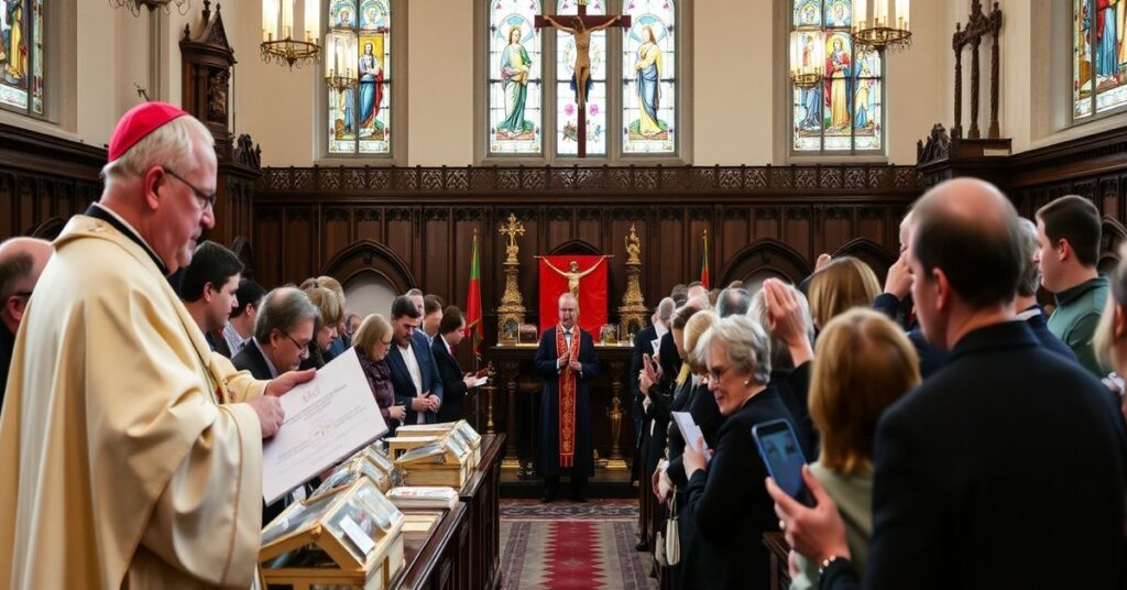Scena katolicka przedstawiająca organizację zbiórki charytatywnej dla Ukrainy przez Caritas Polska z biskupem Aleksandrem Jazłowieckim.