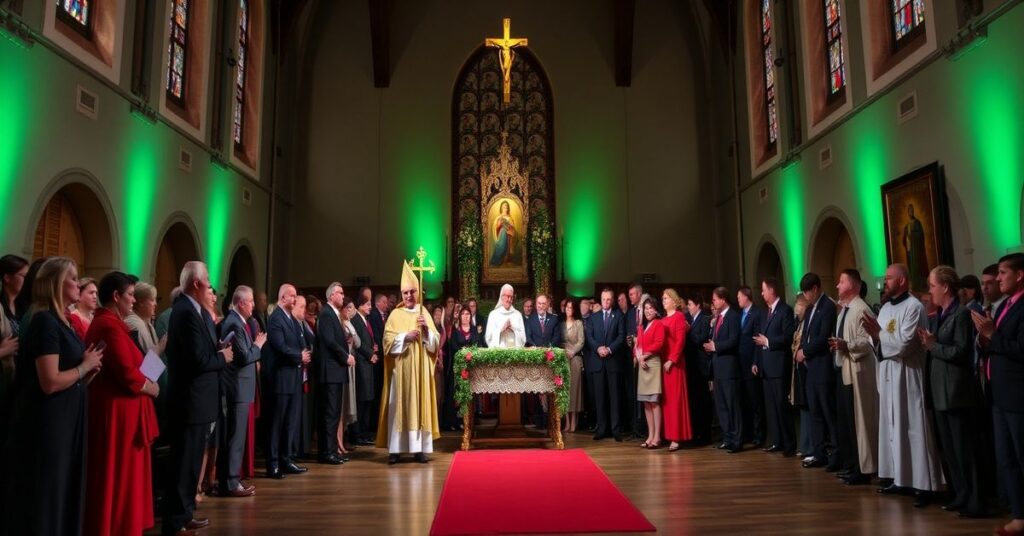 Ks. Janusz Majda wraz z wolontariuszami Caritas Polska podczas wielkanocnej zbiórki żywności w kościele, symbolizującej braku nawrócenia i sakramentów