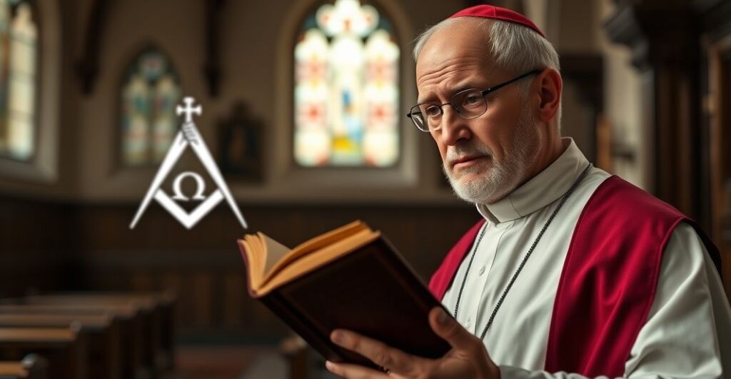 Ks. w tradycyjnym stroju kapłańskim, trzymający stary kodeks prawa kanonicznego, z troską patrzący na zniekształcony logo Caritas Polska, symbolizujące odrzucenie prawdziwej miłości chrześcijańskiej.