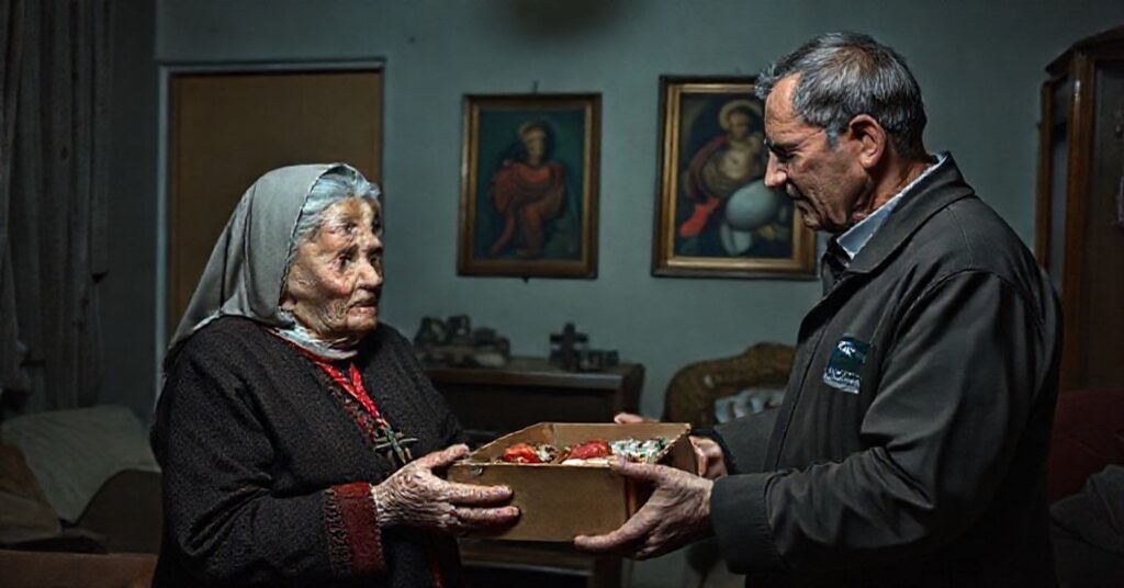 Osamotniona starsza kobieta w tradycyjnym stroju katolicznym otrzymuje skromną paczkę świąteczną z Caritas Polska. Na tle wiszący zniekształcony obraz Najświętszego Serca Pana Jezusa symbolizuje brak prawdziwej carności katolickiej.
