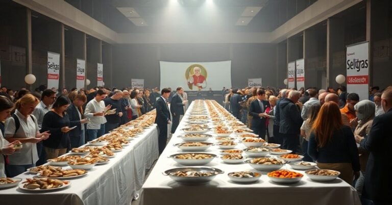 Scena z wydarzenia Caritas posoborowej z długim stołem pełnym jedzenia w ciemnym salonie.