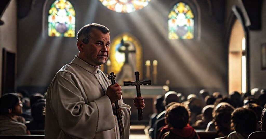 Tradycyjny kapłan w koście, trzymający krzyż, przed grupą potrzebujących; ołtarz z Najświętszym Sakramentem na tle