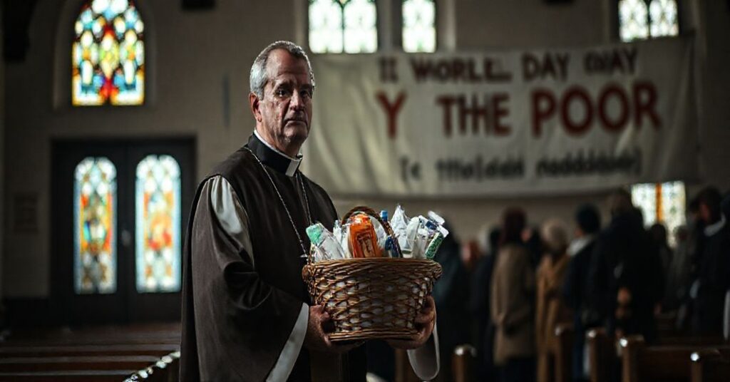 Tradycyjny ksiądz w liturgicznych szatach stoi w kościele z koszykiem przedmiotów higienicznych, obok biednych ludzi. Scena jest poważna i pełna smutku.