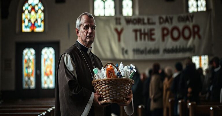 Tradycyjny ksiądz w liturgicznych szatach stoi w kościele z koszykiem przedmiotów higienicznych, obok biednych ludzi. Scena jest poważna i pełna smutku.
