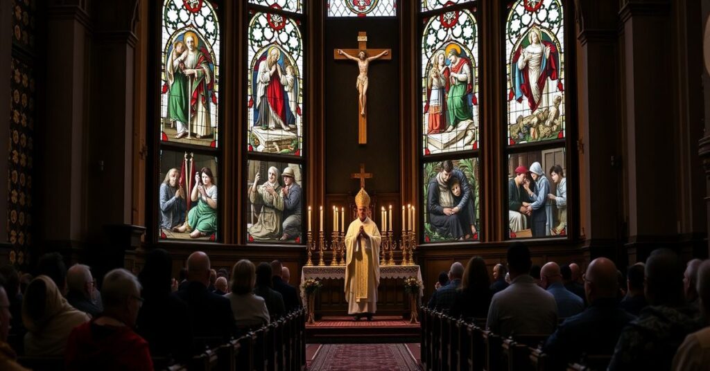 Tradycyjne katolickie wnętrze kościoła z celebracją Mszy św. Trydenckiej przez tradycjonalistycznego kapłana w pełnym stroju liturgicznym. Wokół kneeling w modlitwie wiernych, z ołtarzem ozdobionym świecami i krzyżem. Na zewnątrz widoczne są witraże przedstawiające cierpienie w zniszczonym przez wojnę Charkowie.