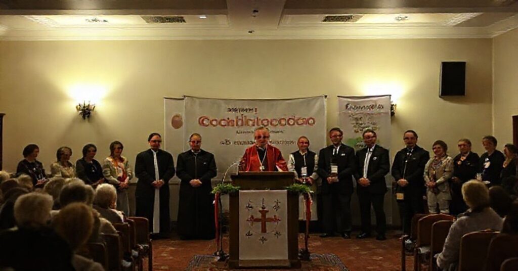 Ciemna sala z tradycyjnymi elementami katolickimi podczas rzekomego spotkania Caritas Diecezji Toruńskiej. Na pierwszym planie ksiądz Daniel Adamowicz i biskup Arkadiusz Okroj otaczani przez wicemarszałka Ostrowskiego i mundurowych.