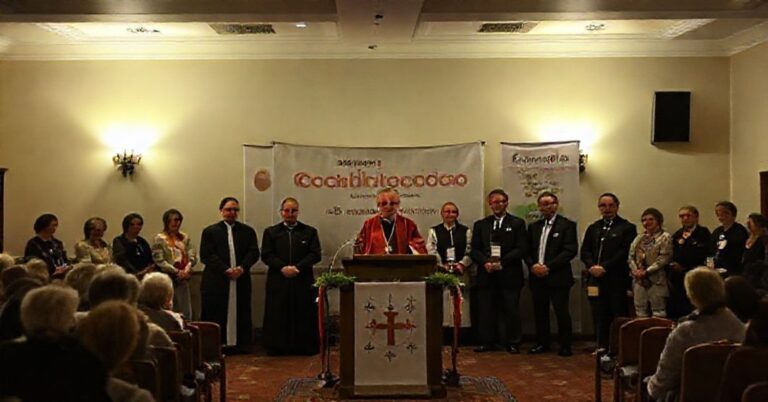 Ciemna sala z tradycyjnymi elementami katolickimi podczas rzekomego spotkania Caritas Diecezji Toruńskiej. Na pierwszym planie ksiądz Daniel Adamowicz i biskup Arkadiusz Okroj otaczani przez wicemarszałka Ostrowskiego i mundurowych.