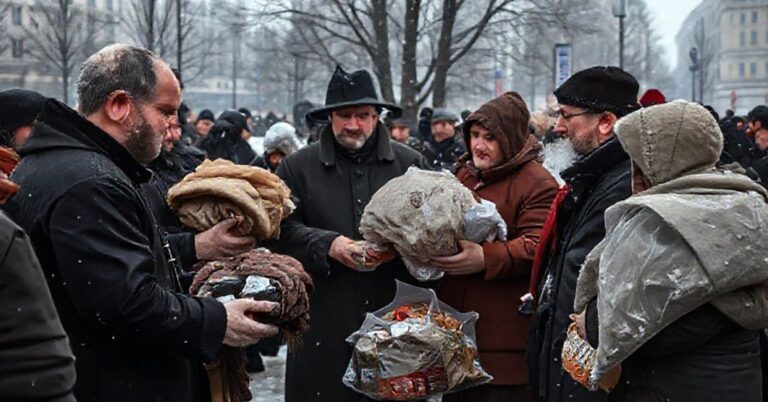Scena z zimowej akcji "Trochę ciepła dla bezdomnego" w Warszawie - dystrybucja pomocy materialnej przez Caritas i Straż Miejską bez elementów duchowych