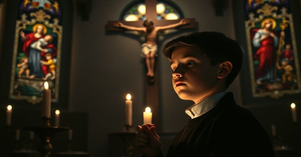 Młody chłopiec modlący się przed krzyżem w tradycyjnym kościele katolickim