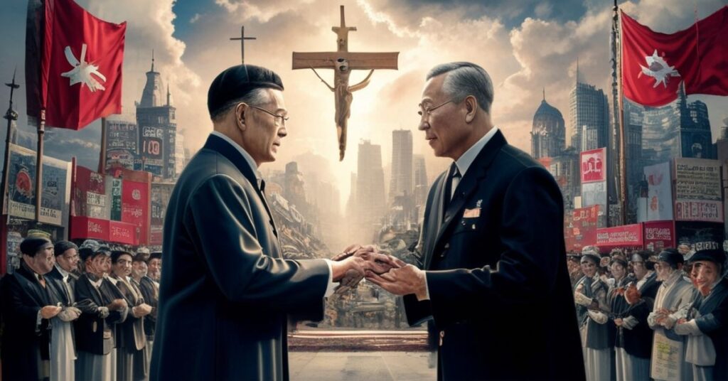 Obraz przedstawiający premiera Kanady Marka Carneya i chińskiego dyktatora Xi Jinpinga w momencie porozumienia politycznego, symbolizujący sojusz globalizmu i komunizmu. Na tle widoczne są komunistyczne propagandowe transparenty i współczesne miasto. Scena jest nasycona napięciem między propagowaną utopią naturalistyczną a boskim porządkiem Chrystusa Króla.