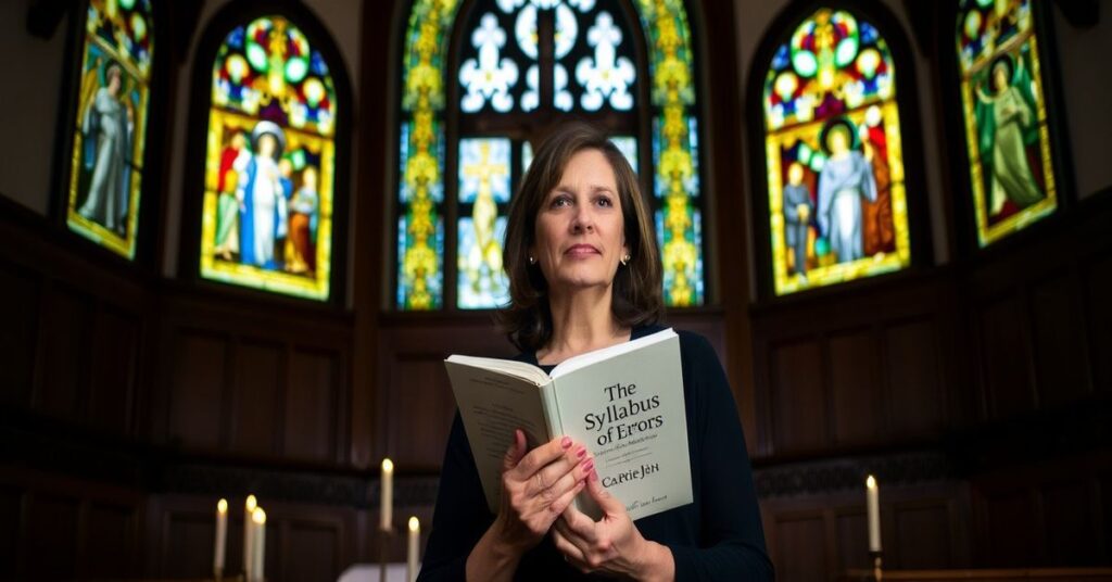 Carrie Prejean w tradycyjnej kaplicy z oknami witrażowymi trzyma Syllabus Errorum Piusa IX