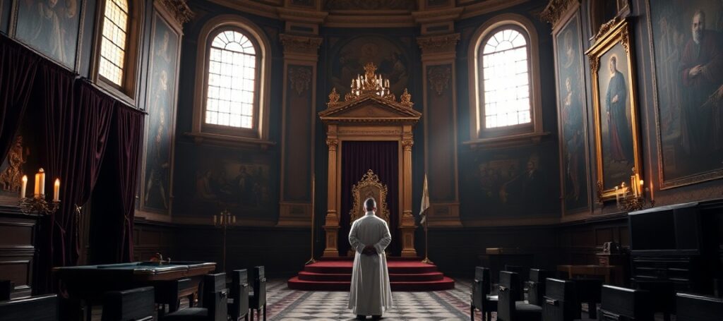 Wnętrze Pałacu Papieskiego w Castel Gandolfo z pustym tronem w Sali Tronowej, oświetlone świecami i naturalnym światłem przez witraże. Na pierwszym planie stoi kapłan w tradycyjnym ornatyce w modlitwie.