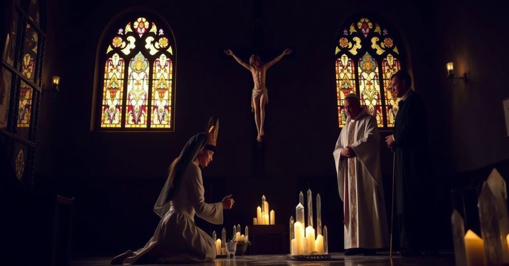 Catalina Davis w tradycyjnym habicie modli się przed krzyżem z pięcioma ranami Chrystusa w starożytnej kaplicy. Biskup José Ignacio Munillí stoi przy niej. Scena przekazuje poważne napięcie między autentyczną konwersją a zagrożeniami nowego wieku.