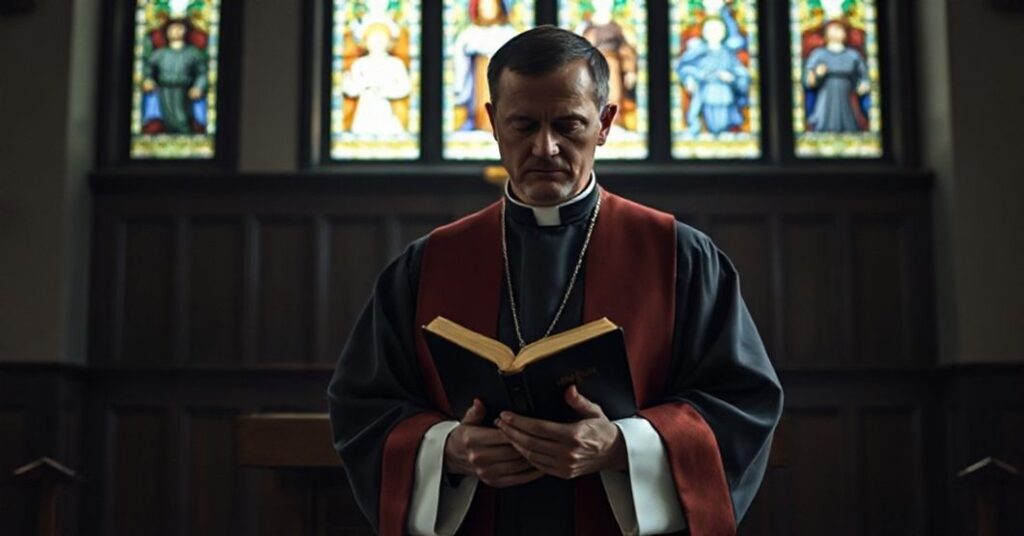 Ksiądz w tradycyjnych szatach kościelnych stoi przed amboną, trzymając biblię