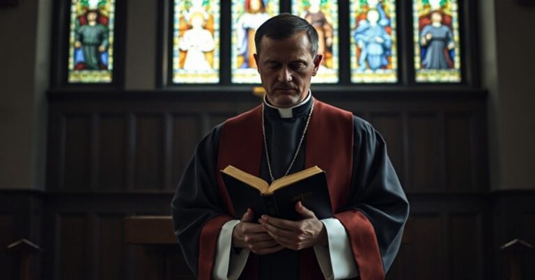 Ksiądz w tradycyjnych szatach kościelnych stoi przed amboną, trzymając biblię