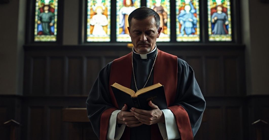 Ksiądz w tradycyjnych szatach kościelnych stoi przed amboną, trzymając biblię