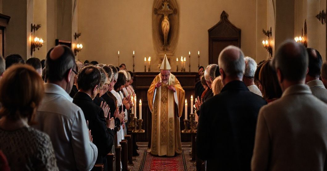 Grupa wiernych uczestniczących w tradycyjnym katolickim zebraniu Straży Honorowej Najświętszego Serca Pana Jezusa. Scena pełna powagi i pobożności.