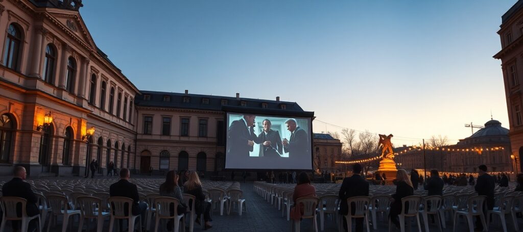Plenerowe kino Centrum Myśli Jana Pawła II w Warszawie z ekranem wyświetlającym film bez treści religijnej pod pustym niebem — symbol apostazji i indyferentyzmu wobec Chrystusa Króla