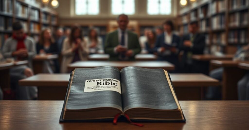 Obraz przedstawiający duchowe bankructwo Zachodu poprzez cenzurę Biblii na Uniwersytecie w Sheffield. Znak biblii z ostrzeżeniem o treści drażliwej na biurku w bibliotece uniwersyteckiej.