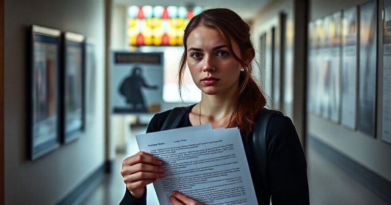 Młoda katolicka studentka Samałntha Fulnecky trzyma w rókę odrzucony esej w akademickim korytarzu.