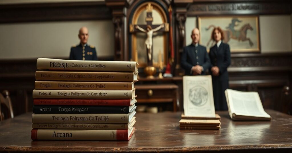 Scena w tradycyjnym katolickim wnętrzu z czasopismami konserwatywnymi i krzyżem na tle decydujących urzędników.