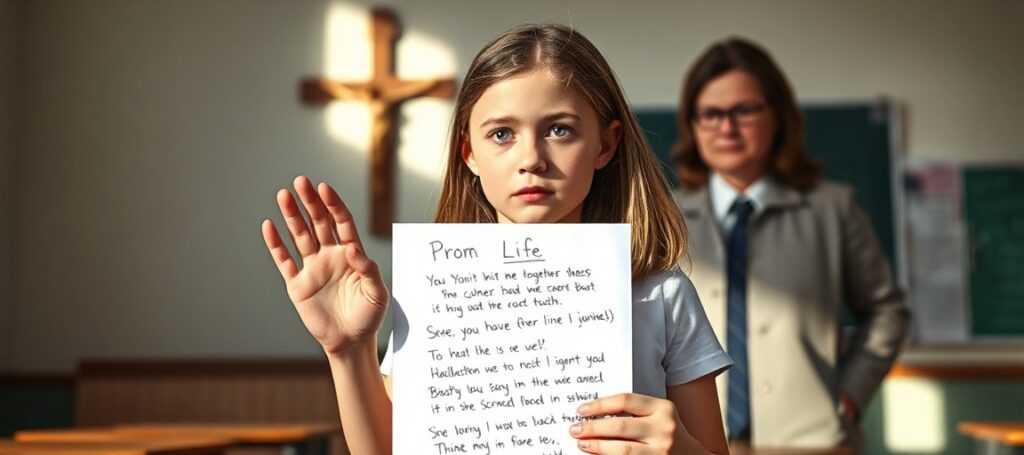 Uczennica trzymająca pro-life wiersz w klasie z krzyżem na ścianie; nauczycielka zakazuje jej prezentacji.