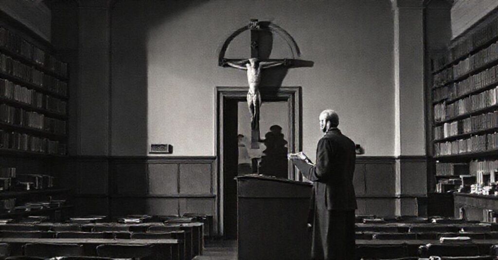 Pusty wykładowy salon na Jezuickiej Wyższej Szkole Filozoficznej w Monachium w 2025 roku. Dr Sebastian Ostritsch stoi przy katedrze z egzemplarzem Summy Teologicznej. Po jego stronie wiszący duży krzyż z widocznymi cieniami protestujących studentów w drzwiach.