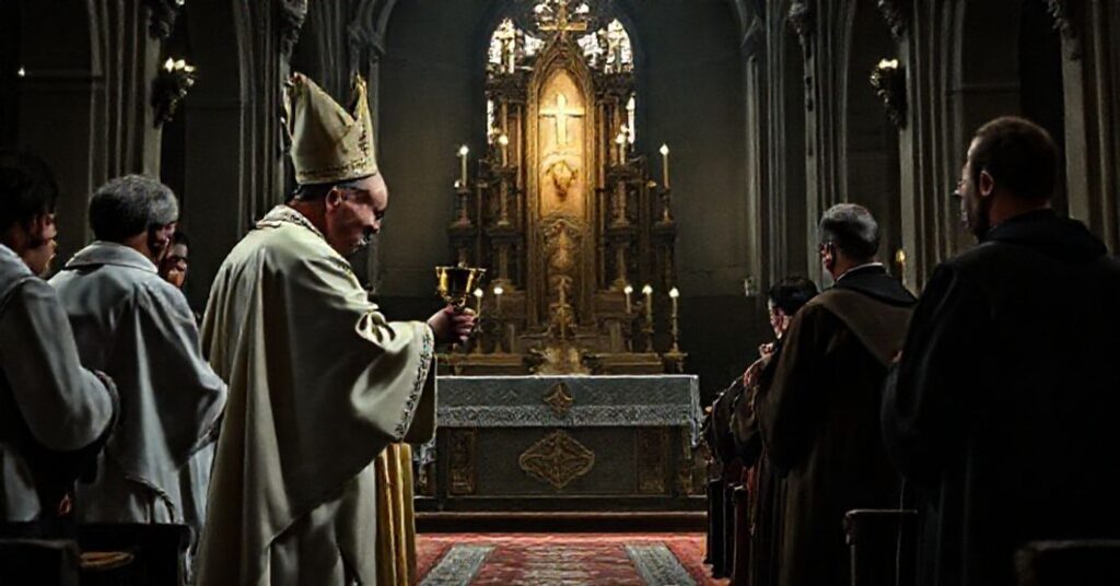 Wizja nieautentycznej ceremonii "ad missio" w katedrze rzeszowskiej prowadzonej przez "bpa" Jana Wątrobę, z seminarianami w cywilnych ubraniach i pustym tradycyjnym ołtarzem.