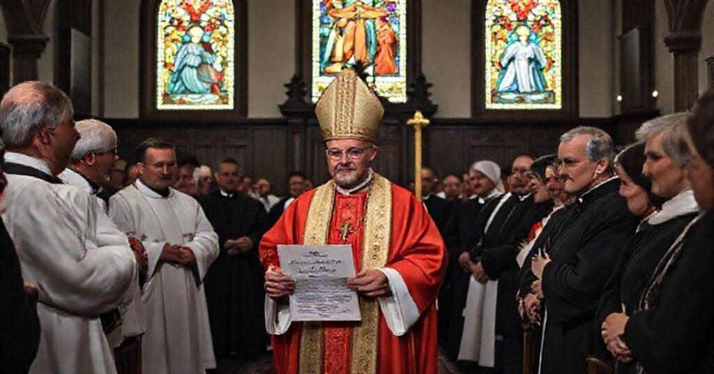 Ceremonia religijna w kościele z udziałem kleru i wiernych, w trakcie której ogłaszany jest fałszywy patronat św. Huberta dla gminy Żary