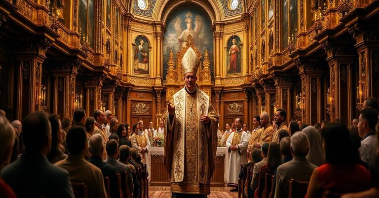 Szkic prawdziwej katolickiej ceremonii z biskupem w liturgicznej szacie w tradycyjnej świątyni, pełnej wiernych i kapłanów