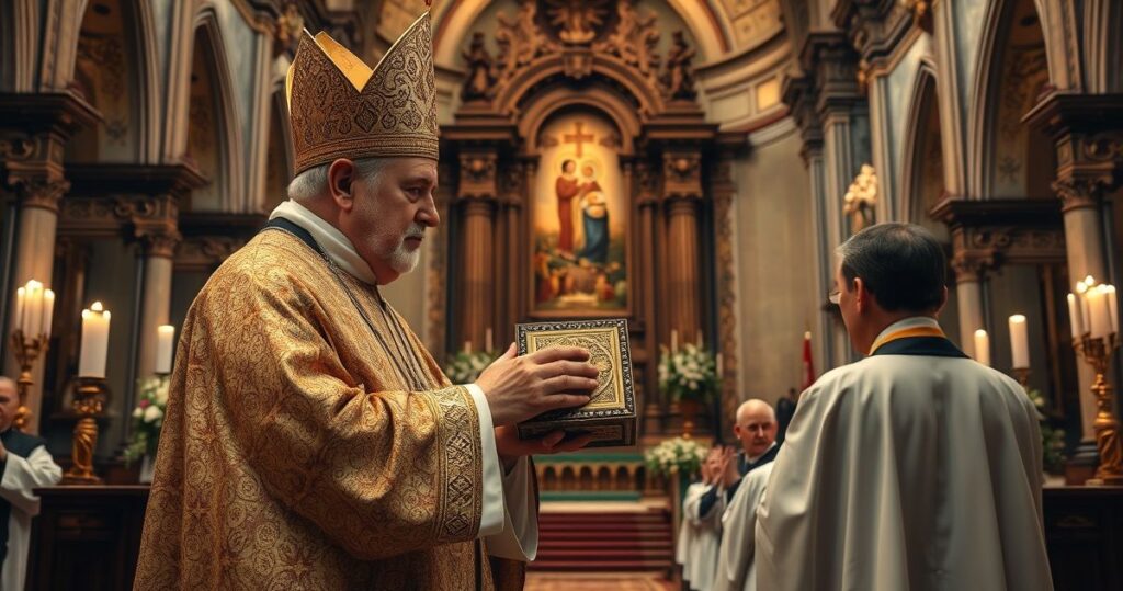 Reprodukcja poważnej liturgii katolickiej z duchownym w ornacie podczas ceremonii, ukazująca powagę i tradycję Kościoła