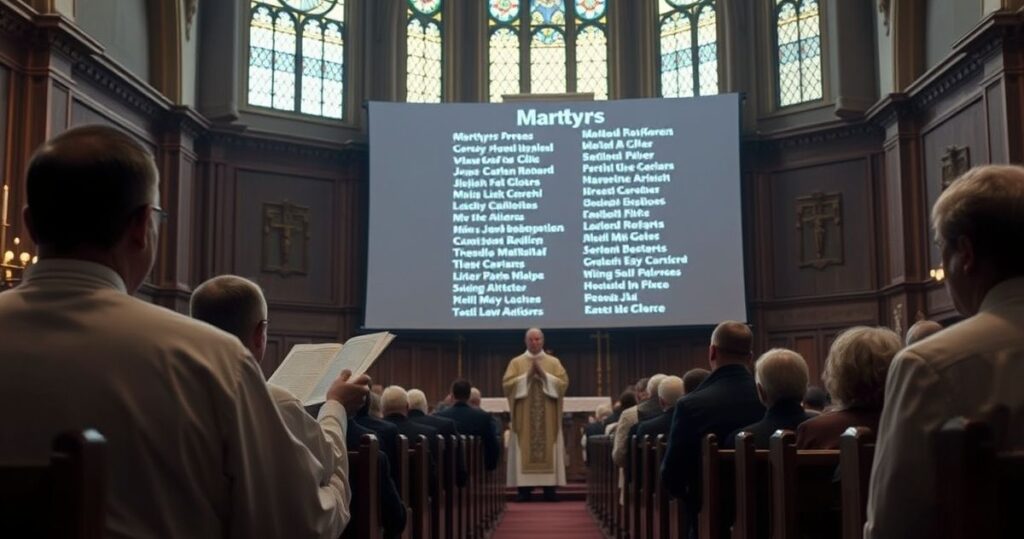Uroczysta katolicka ceremonia w tradycyjnym kościele, z kapłanem odczytującym nazwiska męczenników, wierni w skupieniu, podkreślająca kontrowersje wokół modernistycznej beatyfikacji Profittlicha