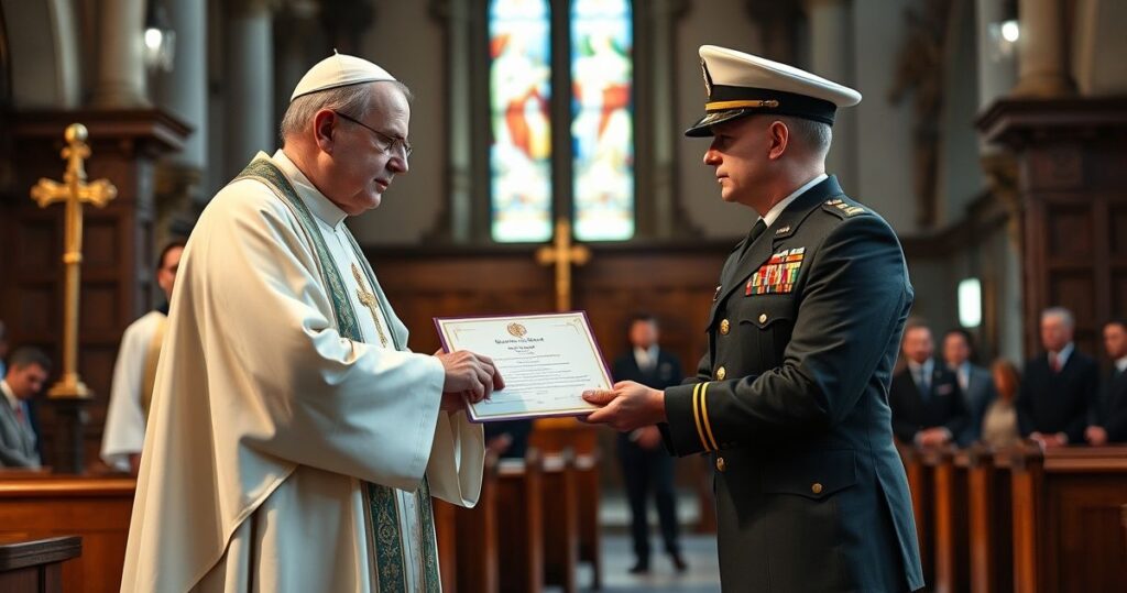 Realistyczne zdjęcie ceremoni religijnej w kościele, przedstawiające kapłana i oficera w uroczystej chwili, oddające powagę i duchowość katolickiego rytuału