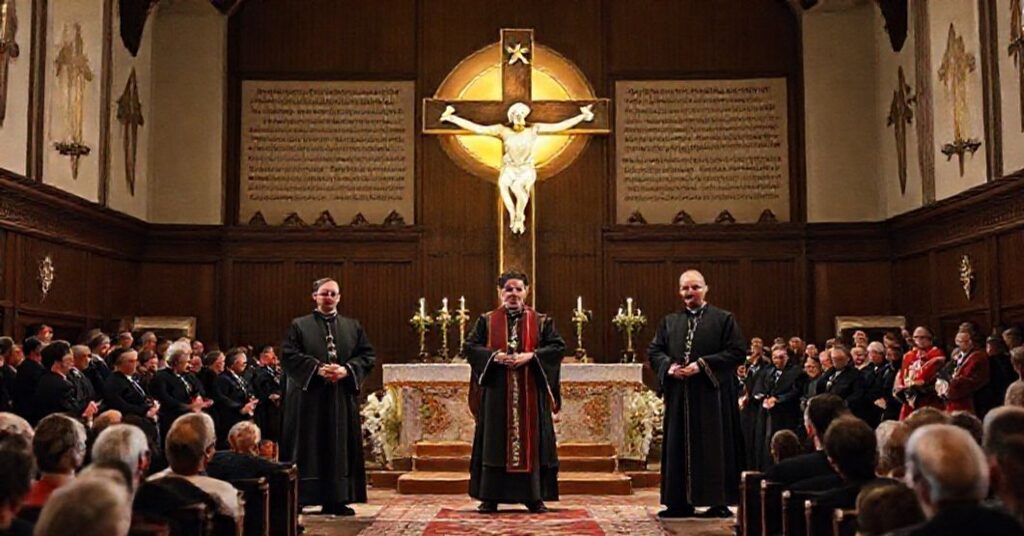 Ceremonia wręczenia nagrody "Pro Redemptione" 2025 w sali z tradycyjnymi symbolami katolickimi w tle. Na scenie widoczni są ks. Marek Gancarczyk, bp Czesław Kozon i ks. Teodor Sawielewicz przyjmujący nagrodę. W tle widoczny jest rozmyty krzyż z łacińskimi napisami.