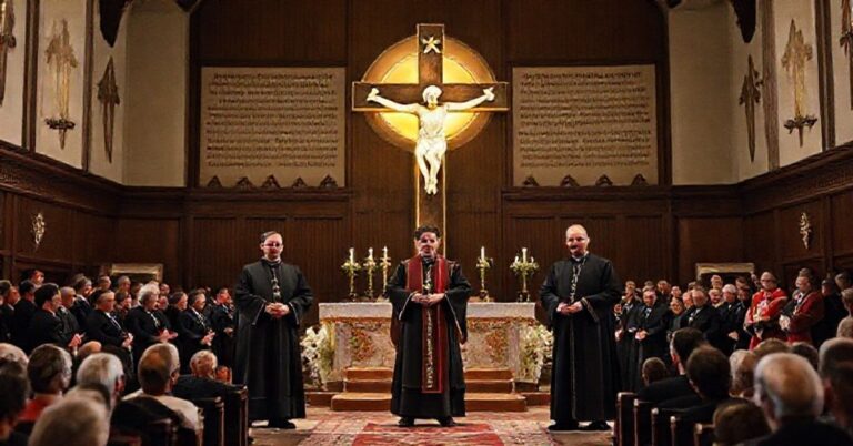 Ceremonia wręczenia nagrody "Pro Redemptione" 2025 w sali z tradycyjnymi symbolami katolickimi w tle. Na scenie widoczni są ks. Marek Gancarczyk, bp Czesław Kozon i ks. Teodor Sawielewicz przyjmujący nagrodę. W tle widoczny jest rozmyty krzyż z łacińskimi napisami.