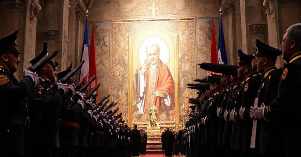 Ceremonia odsłonięcia muralu upamiętniającego ks. Franciszka Blachnickiego w Bogdankach z udziałem wojskowych i państwowych urzędników.
