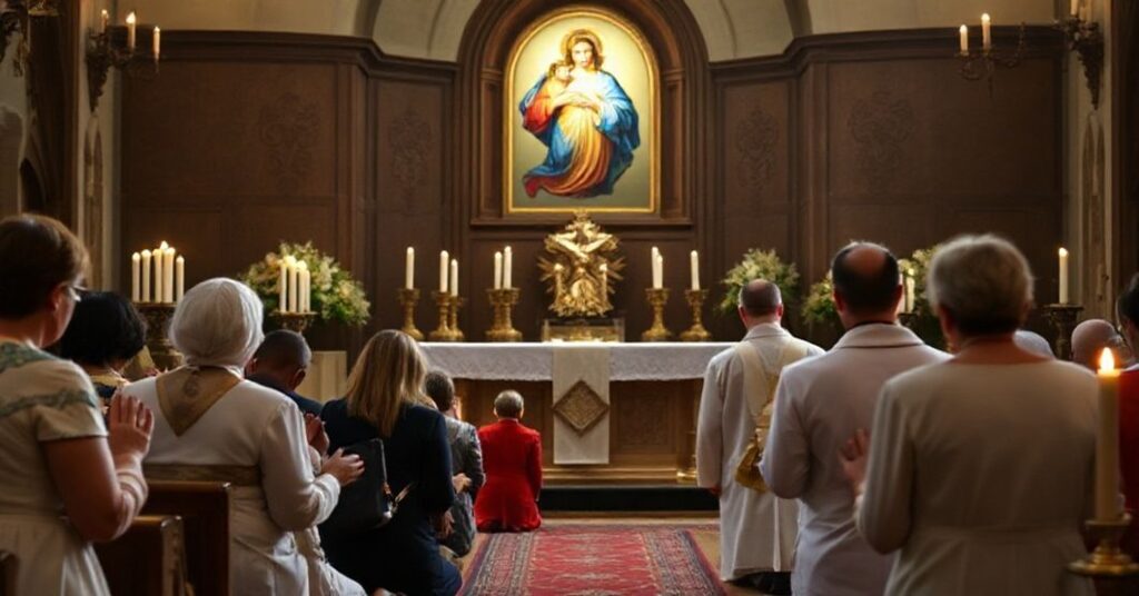 Tradycyjna katolicka ceremonia poświęcenia rodziny Najświętszemu Sercu Jezusa w kaplicy o tradycyjnym wystroju. Kapłan w sutannie i surply prowadzi modlitwę, otoczony rodzicami i dziećmi klęczącymi w głębokiej pobożności.