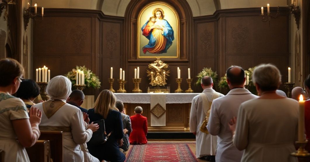 Tradycyjna ceremonia poświęcenia Najświętszemu Sercu Jezusa Tradycyjna katolicka ceremonia poświęcenia rodziny Najświętszemu Sercu Jezusa w kaplicy o tradycyjnym wystroju. Kapłan w sutannie i surply prowadzi modlitwę, otoczony rodzicami i dziećmi klęczącymi w głębokiej pobożności.