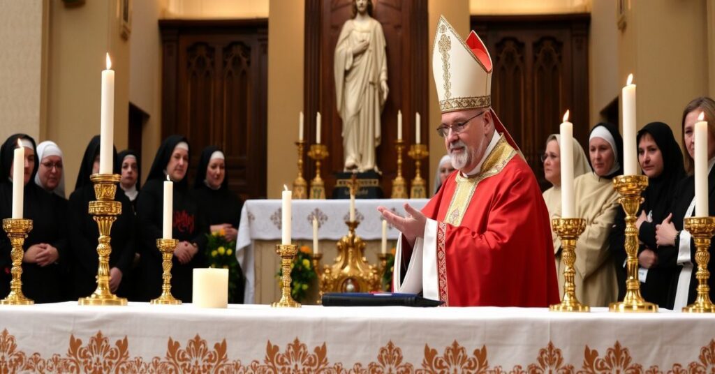 Obszarowy widok ceremonii religijnej w Szymanowie z udziałem biskupa Andrzeja Dziuby i zebranych wiernych.